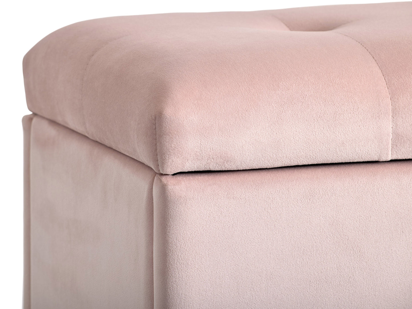 Pink velvet ottoman with storage, tufted top, and gold metal legs, perfect for living room or bedroom decor.