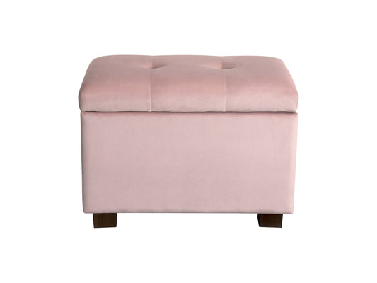 Pink velvet ottoman with storage, tufted cushion, and gold metal legs.