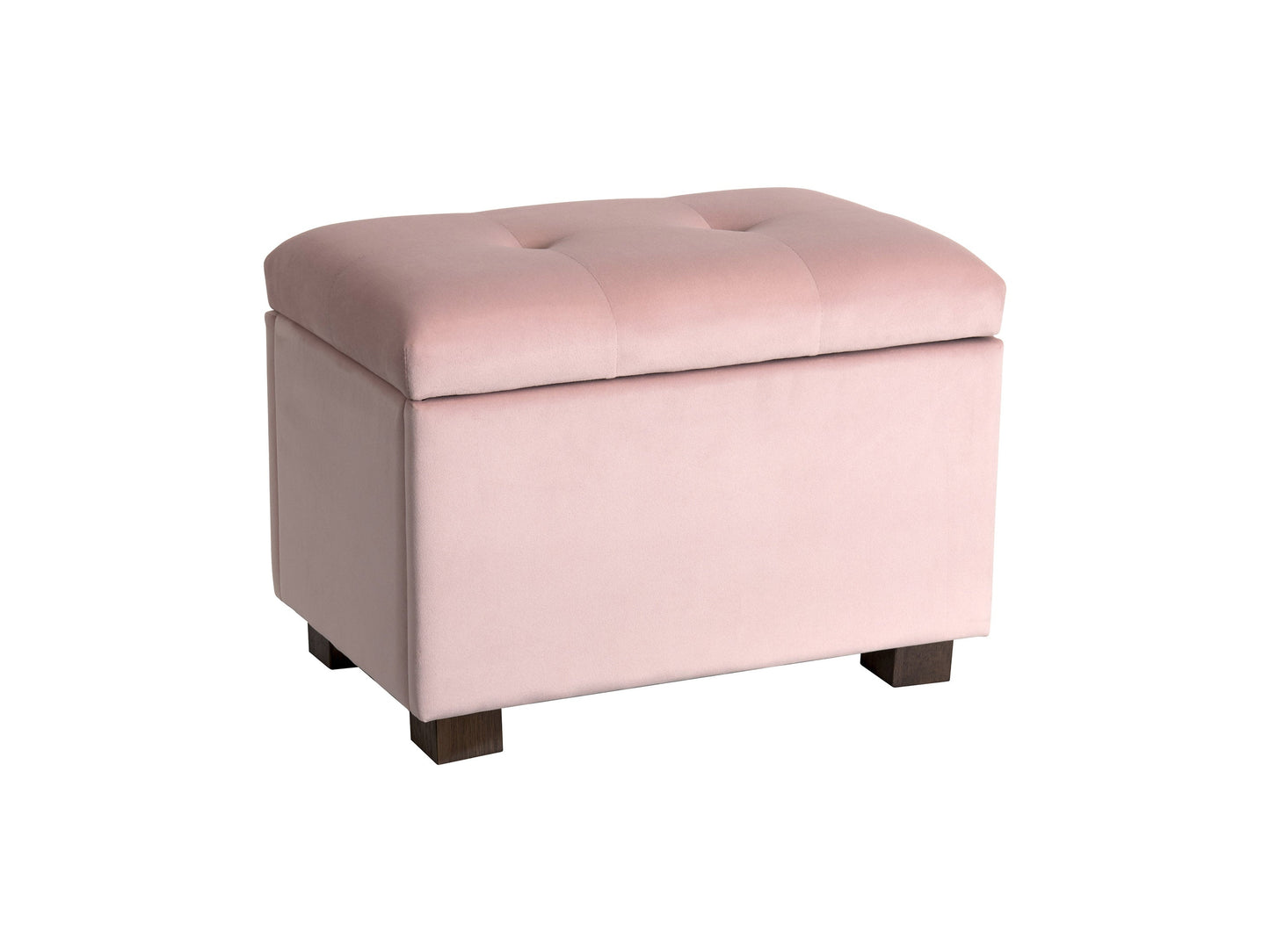 Pink velvet ottoman with storage, gold metal legs, tufted top, and luxurious design.