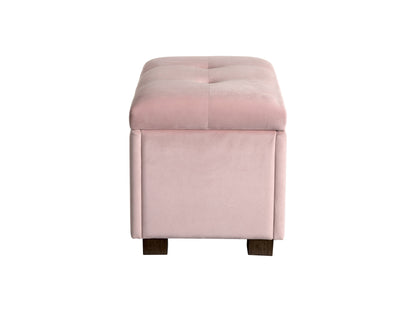 Pink velvet ottoman with storage, tufted top, and gold metal legs for modern living rooms.