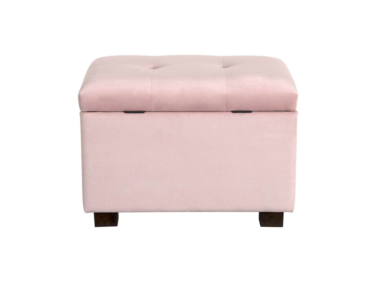 Pink velvet storage ottoman with tufted top and gold metal legs.