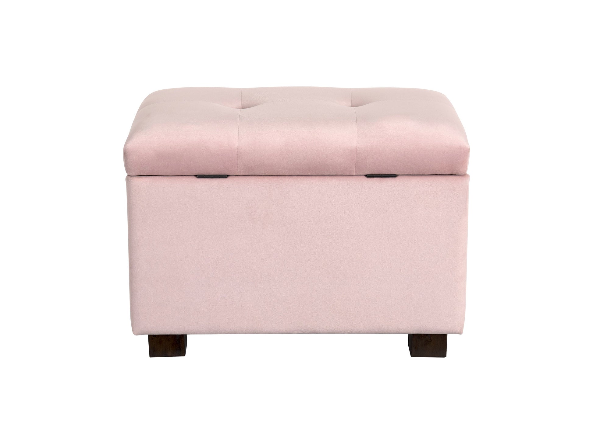 Pink velvet storage ottoman with tufted top and gold metal legs.