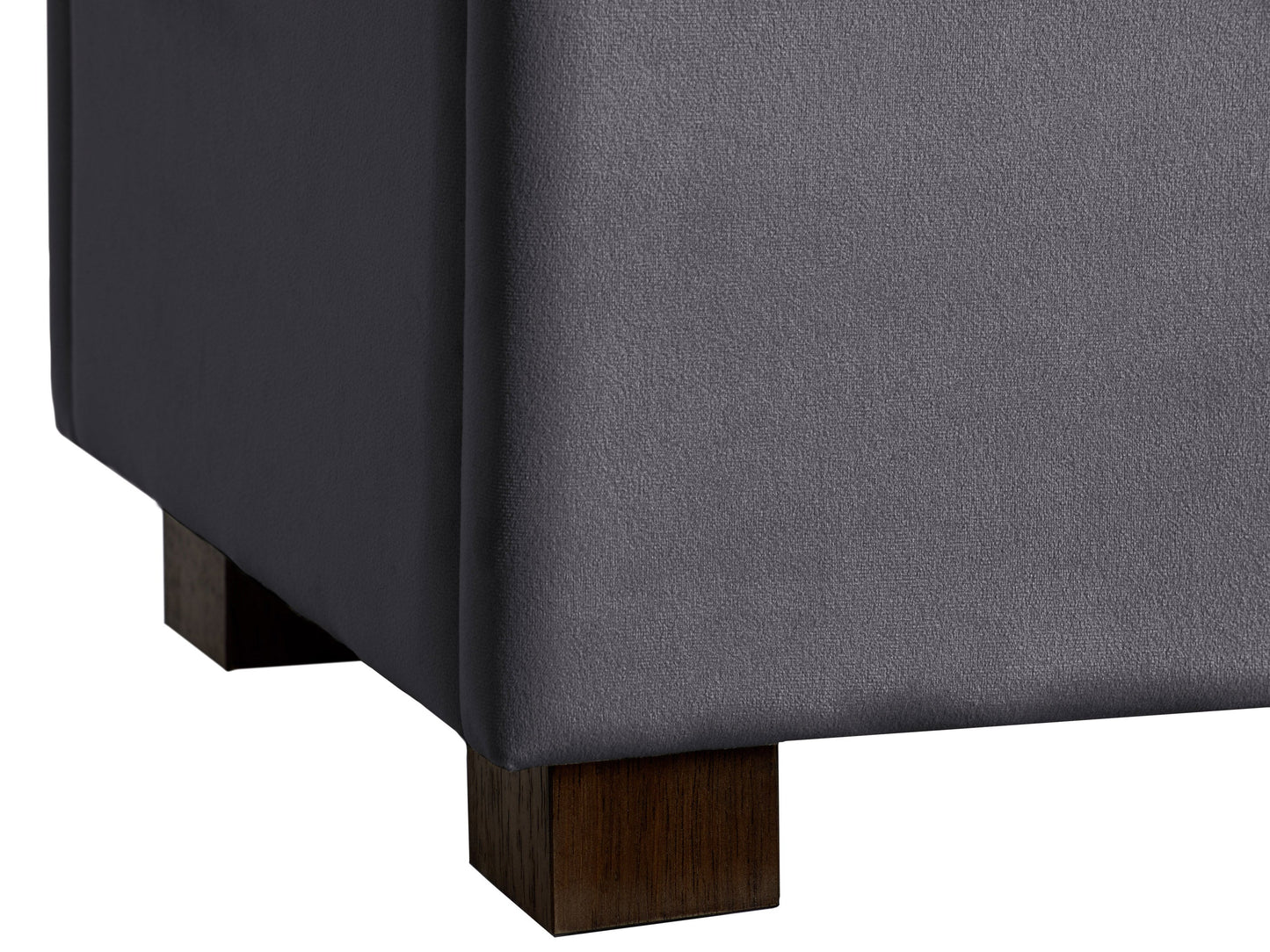 Grey velvet ottoman with storage, tufted top, and wooden legs - modern and functional furniture piece.