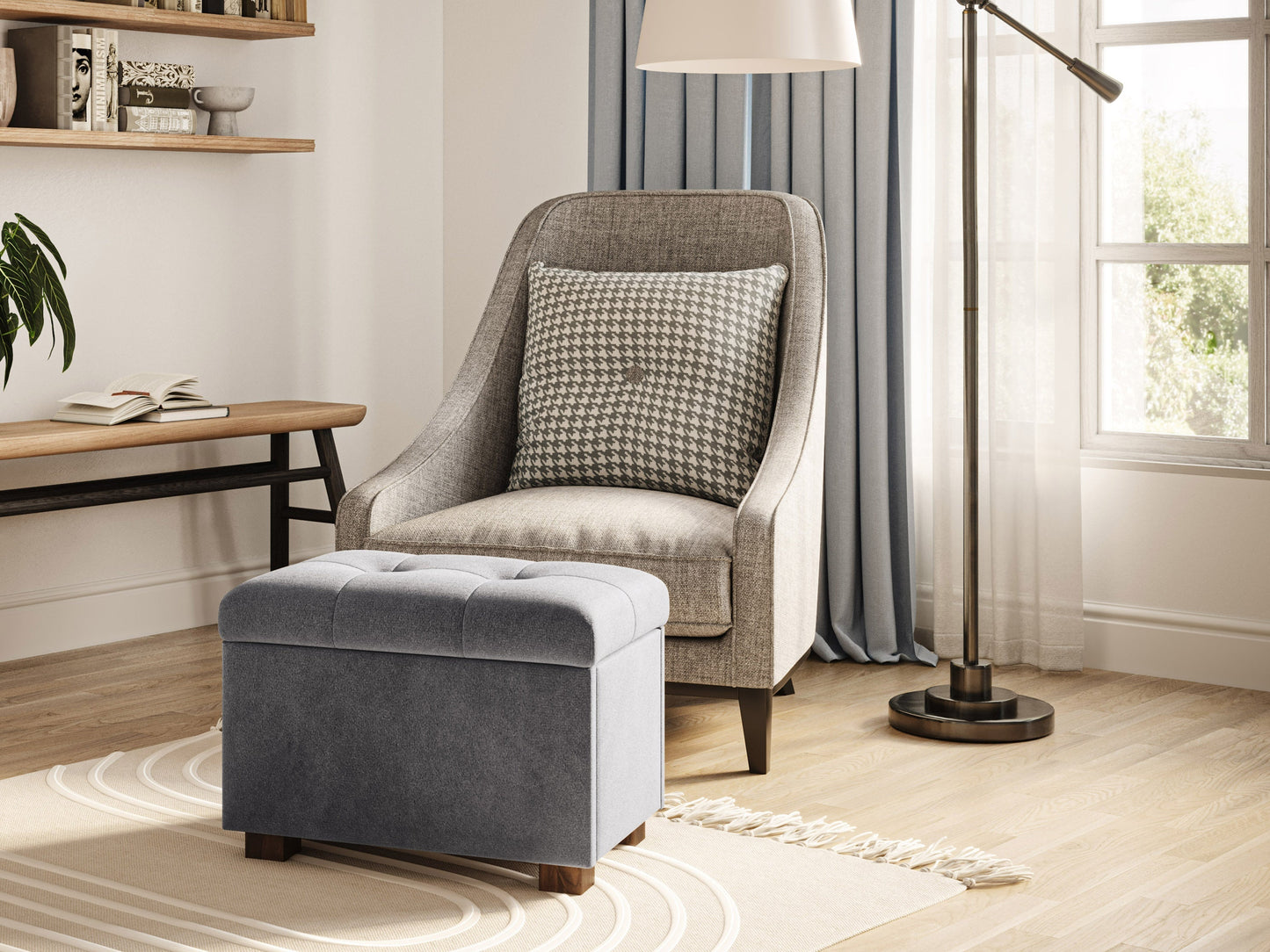 Grey velvet ottoman with storage, tufted top, and wooden legs, perfect for modern living rooms.