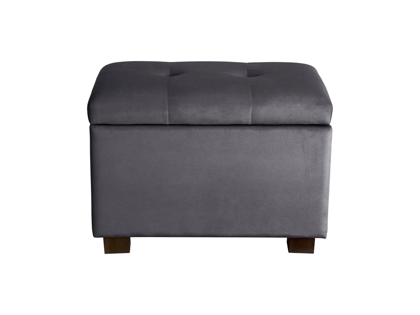 Grey velvet ottoman with storage, tufted top, and wooden legs - stylish and functional living room furniture.