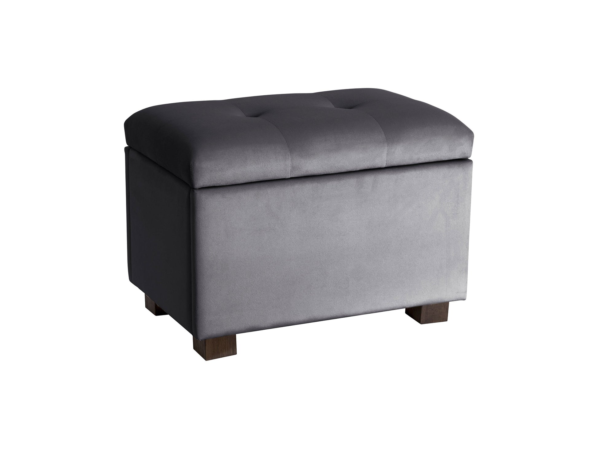 Velvet grey ottoman with storage, tufted top, and wooden legs - perfect for modern living rooms.