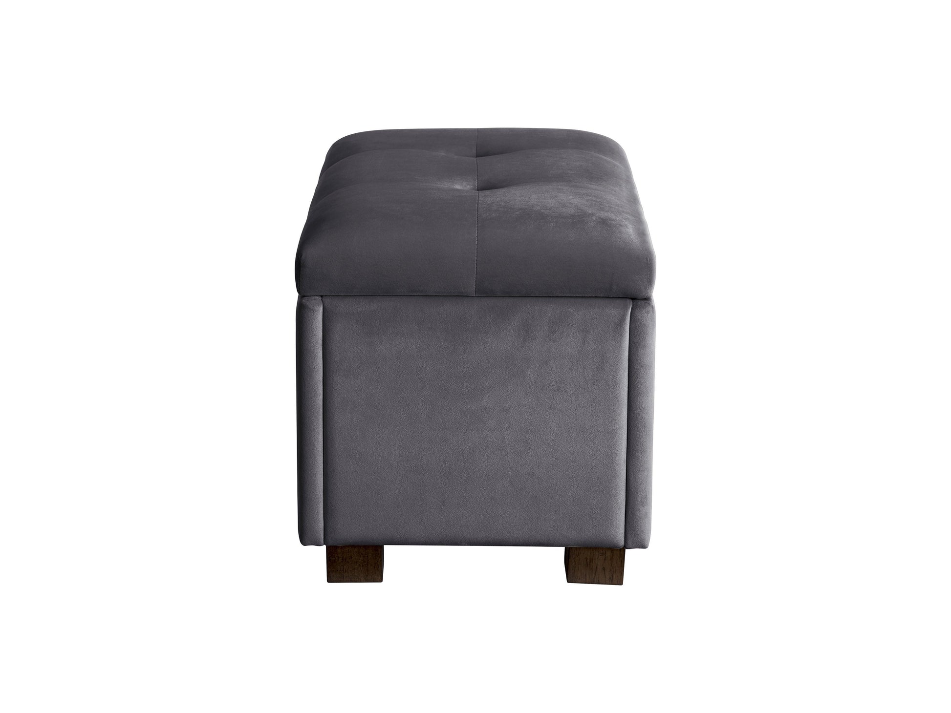 Grey velvet ottoman with storage, tufted top, and wooden legs for modern living rooms.