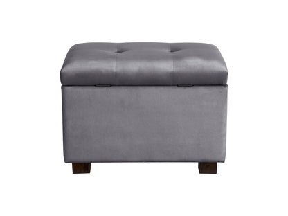 Grey velvet ottoman with storage, tufted top, wooden legs, and a modern design.