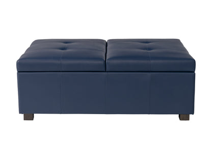 Blue deluxe storage ottoman with tufted top, wooden legs, and spacious interior storage.