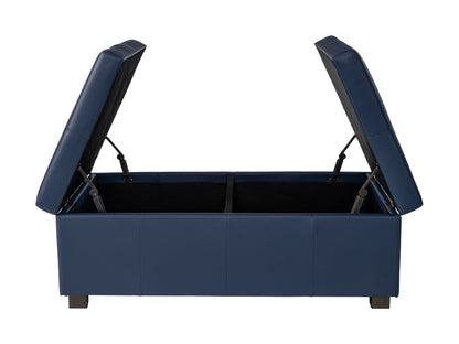 Blue deluxe storage ottoman with tufted top, wooden legs, and spacious interior.