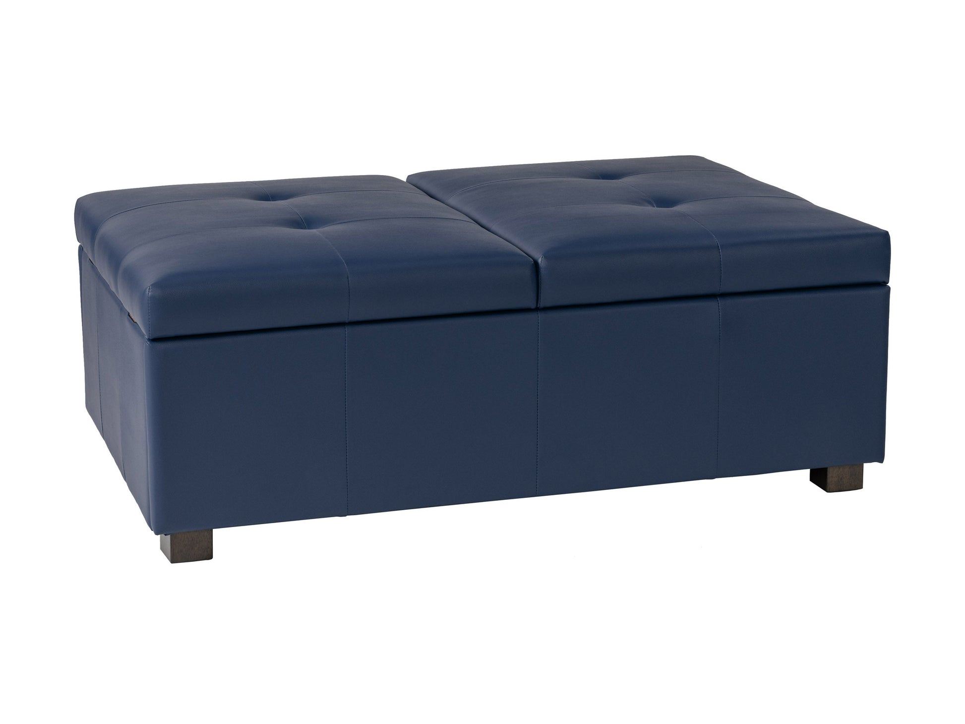 Blue deluxe storage ottoman with tufted fabric, wooden legs, and a spacious interior compartment.