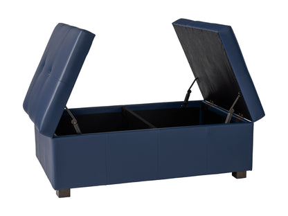 Blue deluxe storage ottoman with tufted fabric, wooden legs, and hidden compartment for extra storage.