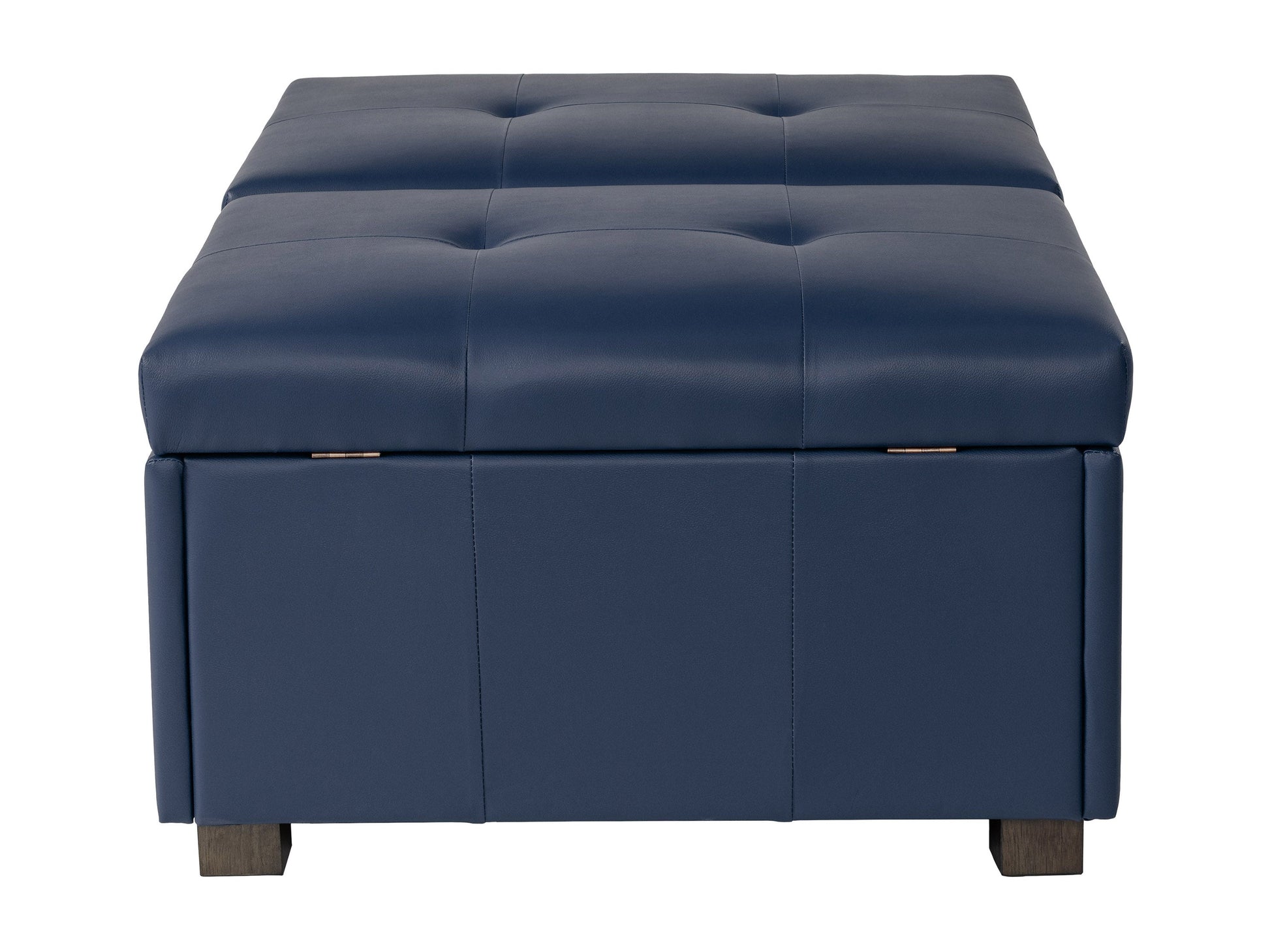 Blue deluxe storage ottoman with tufted fabric, wooden legs, and spacious interior compartment.