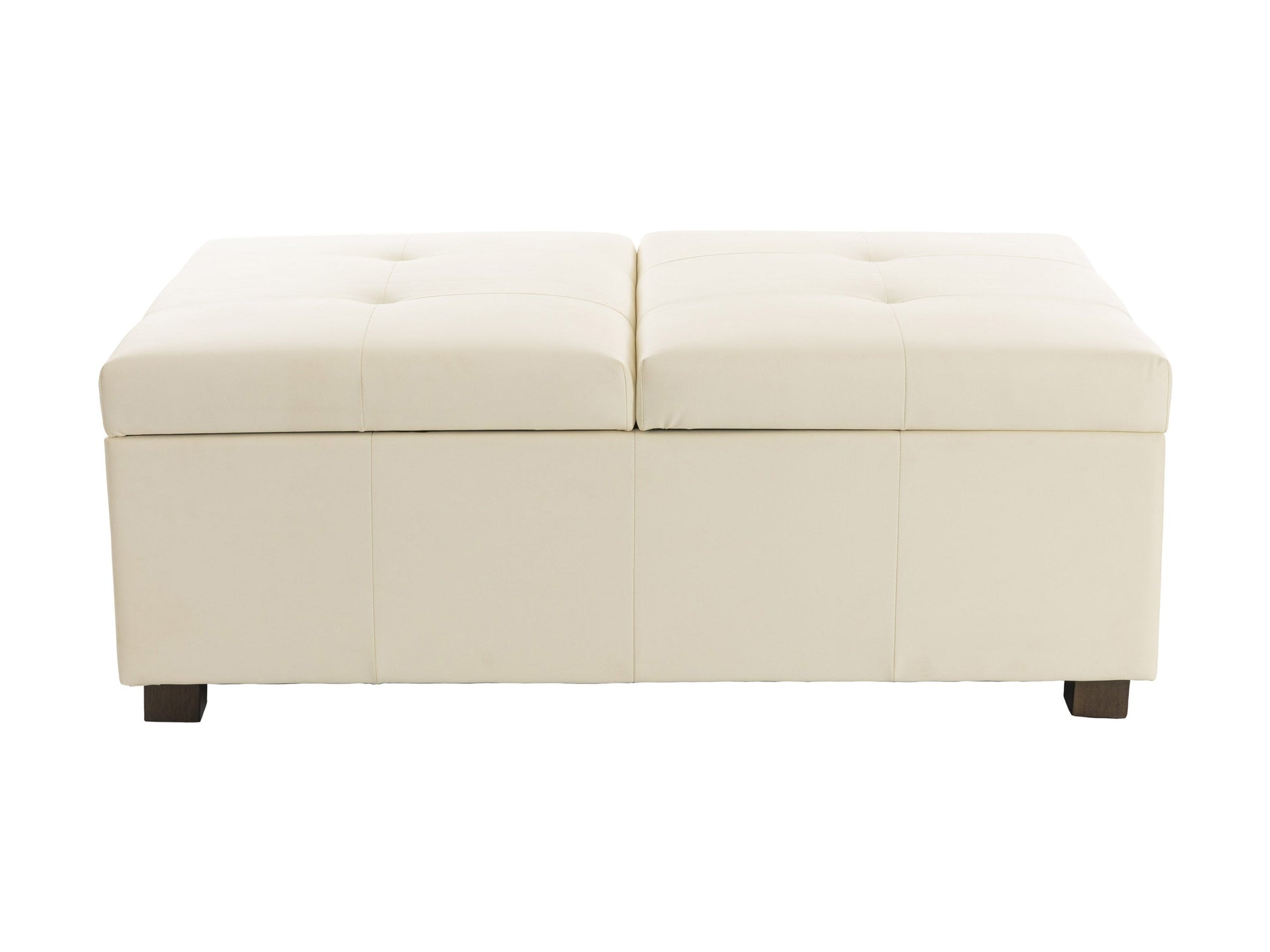 Warm white deluxe storage ottoman with tufted top, wooden legs, and versatile design for living room or bedroom.