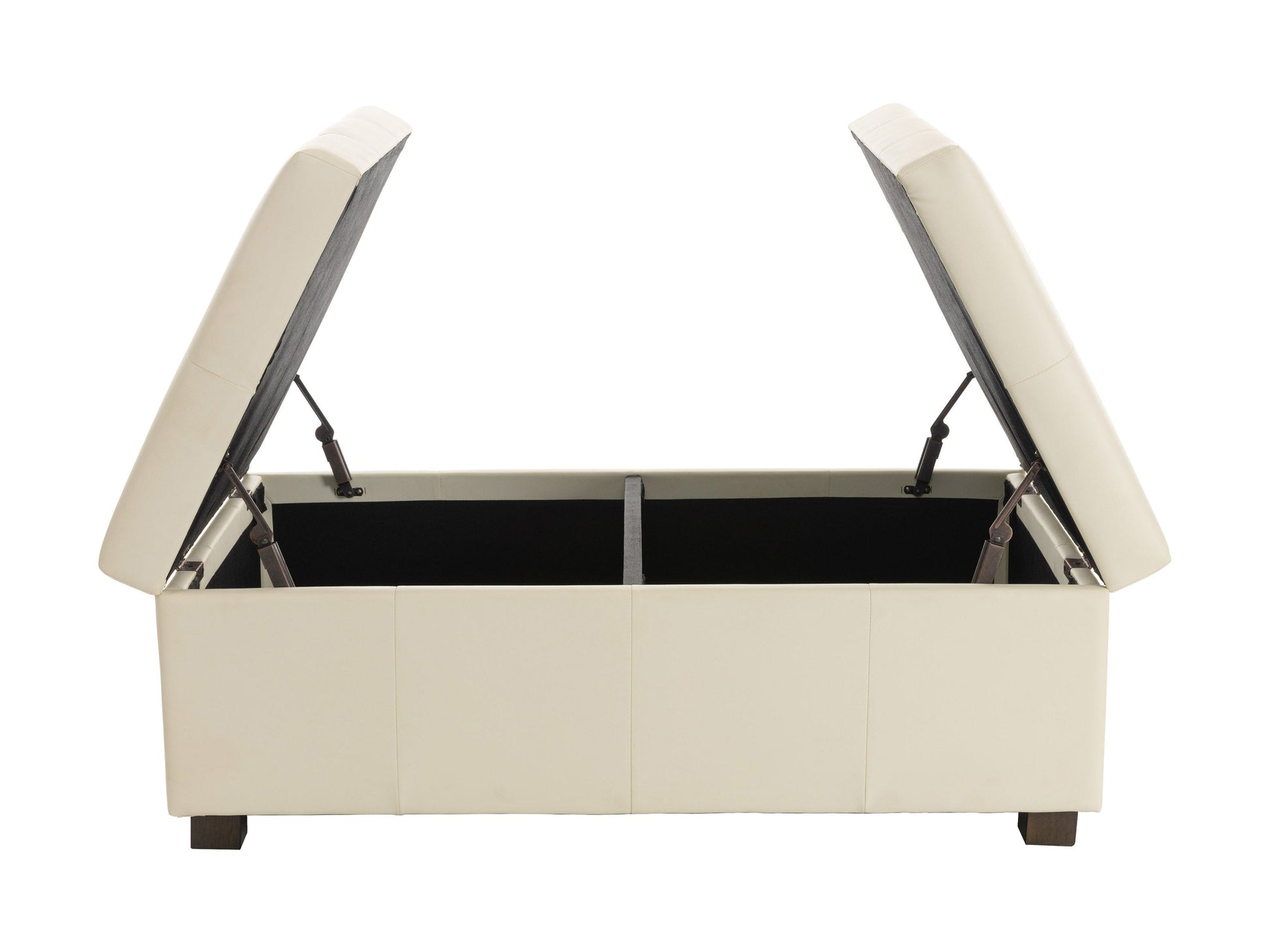 Warm white deluxe storage ottoman with tufted top, wooden legs, and spacious interior storage.