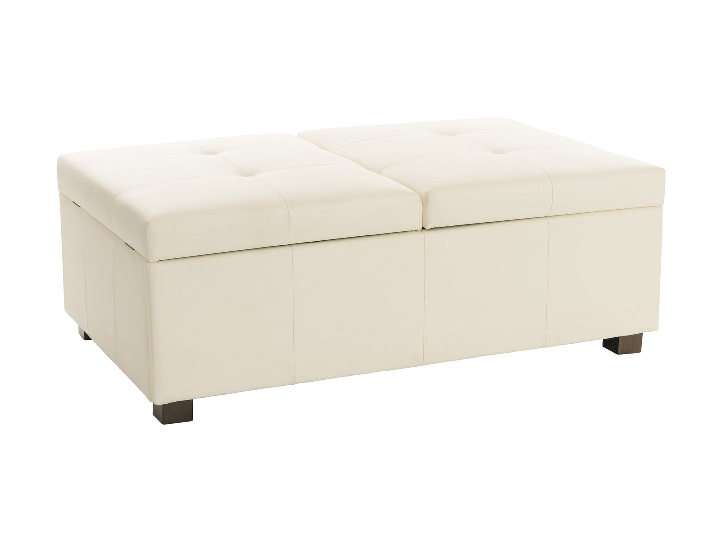 Warm white deluxe storage ottoman with tufted top, wooden legs, and hidden compartment.