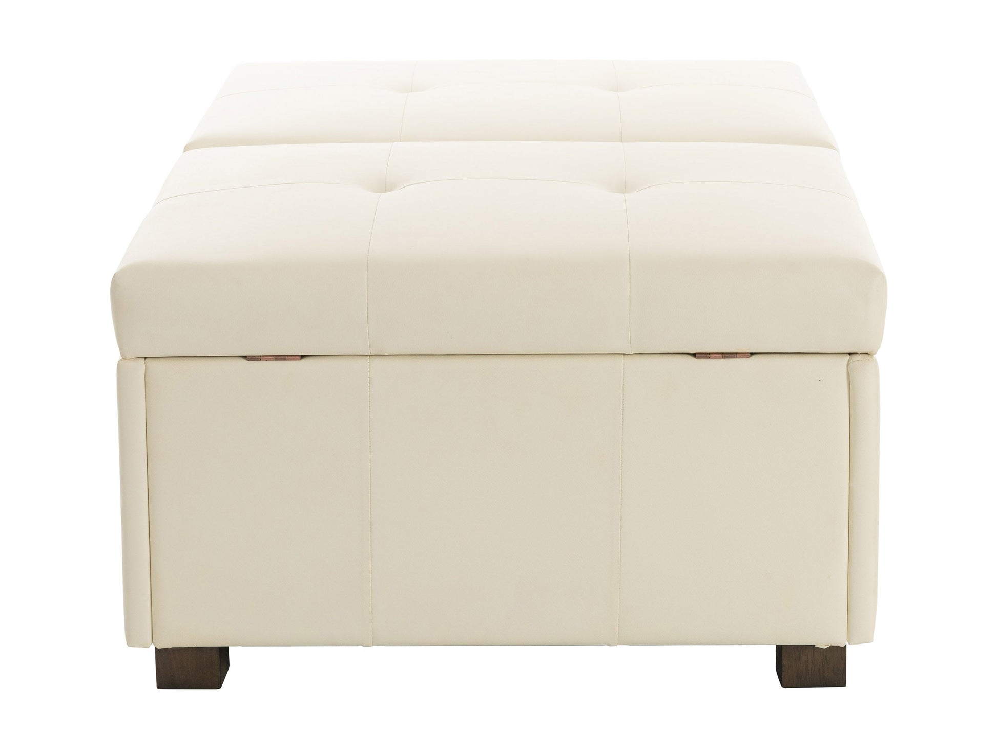 Warm white deluxe storage ottoman with soft fabric, tufted top, and hidden compartment for stylish and practical living room storage.