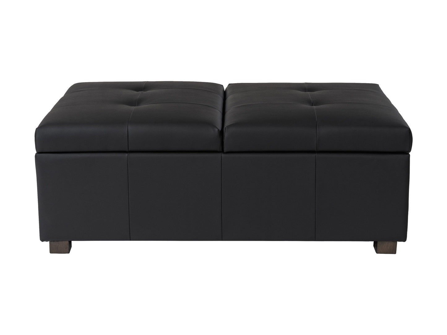 Matte black storage ottoman with tufted top, sleek design, and ample storage space.