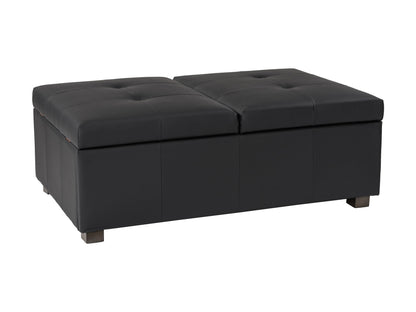 Matte black deluxe storage ottoman with tufted faux leather, wooden legs, and spacious interior storage.