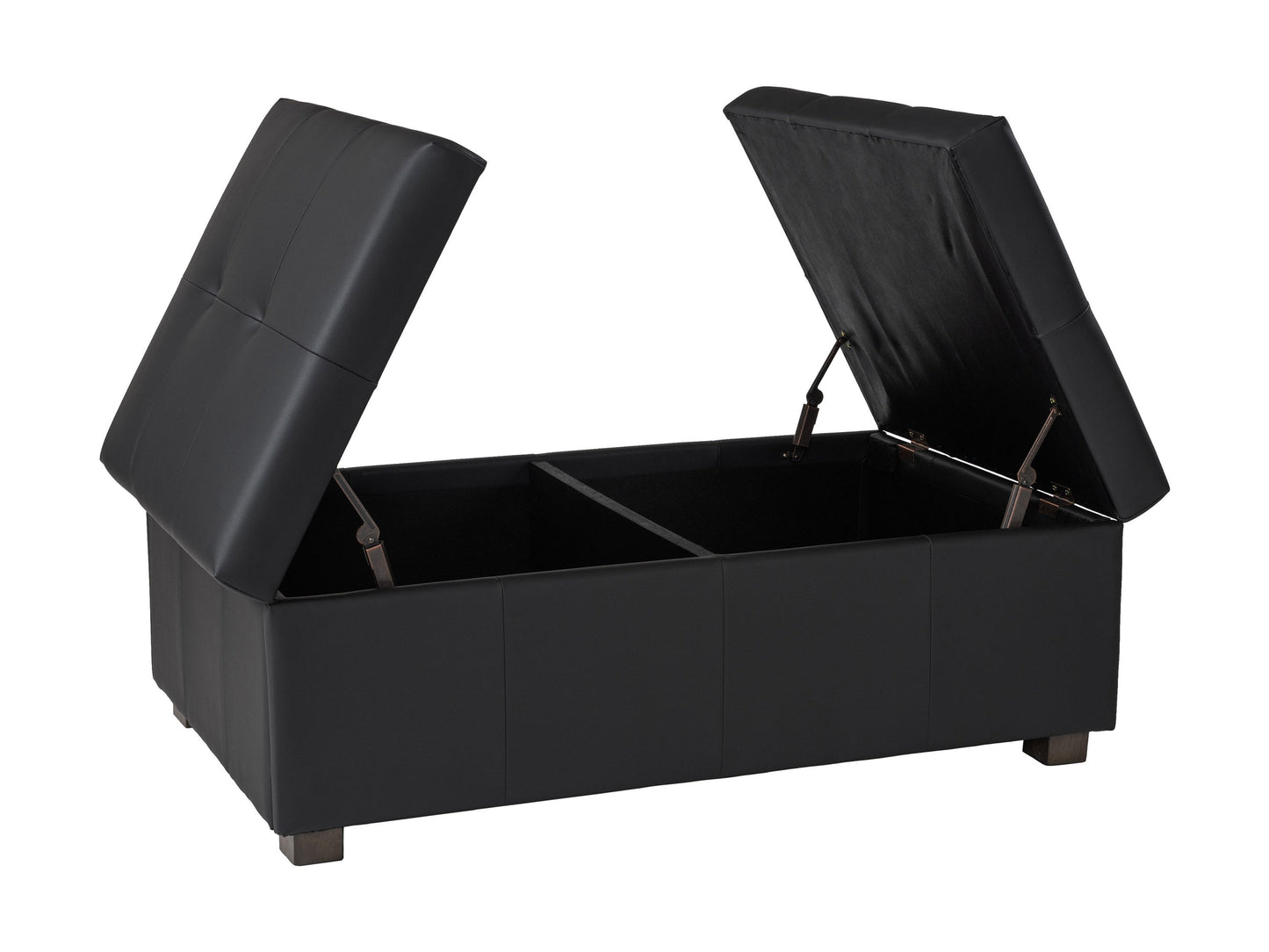 Matte black deluxe storage ottoman with tufted top, sleek design, and hidden compartment for extra storage.