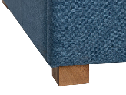 Blue double storage ottoman with tufted fabric, wooden legs, and spacious interior storage.