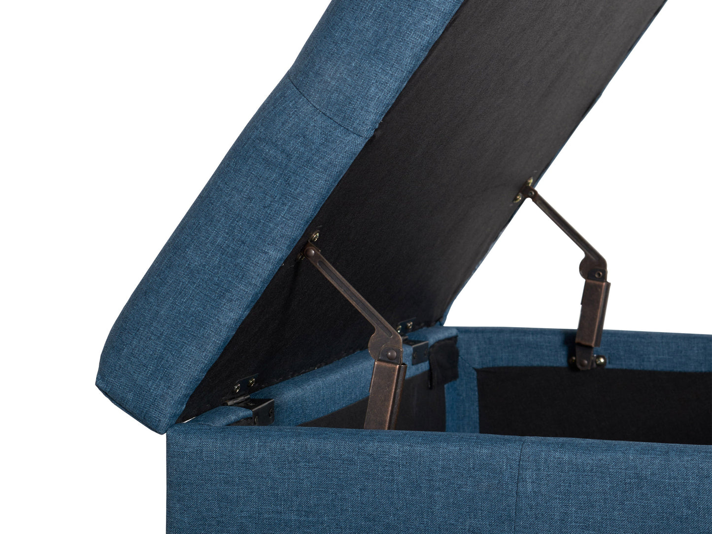 Blue double storage ottoman with tufted fabric, wooden legs, and spacious compartments for living room organization.