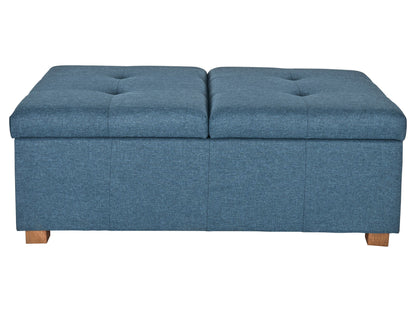 Blue double storage ottoman with tufted fabric, wooden legs, and spacious interior storage.