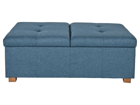 Blue double storage ottoman with tufted fabric, wooden legs, and spacious interior storage.