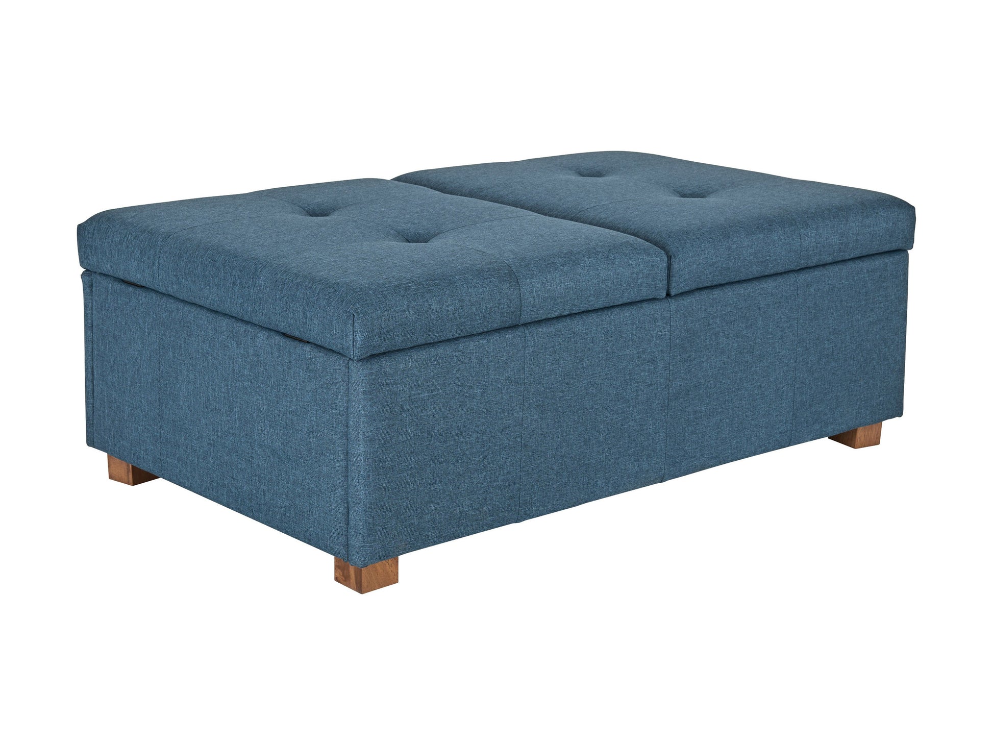 Blue double storage ottoman with tufted fabric, wooden legs, and spacious interior storage.