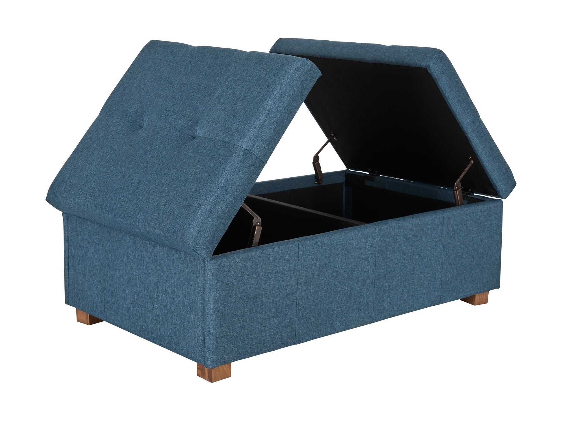 Blue double storage ottoman with tufted fabric, wooden legs, and spacious interior.