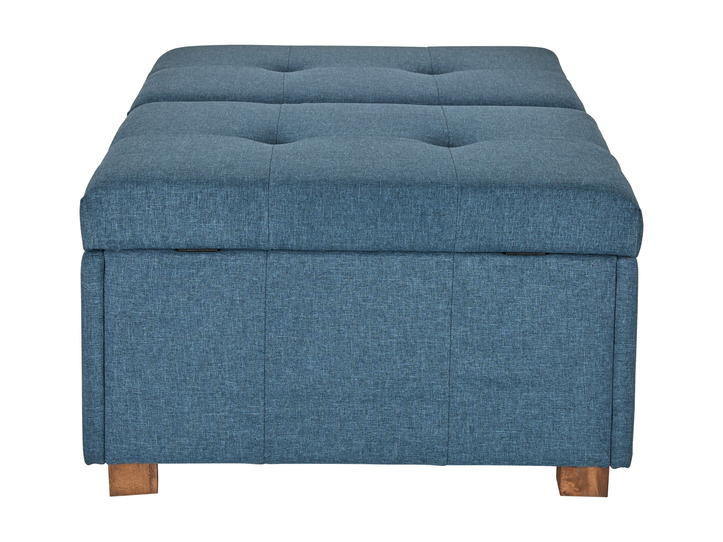 Blue double storage ottoman with tufted fabric, wooden legs, and spacious interior storage.