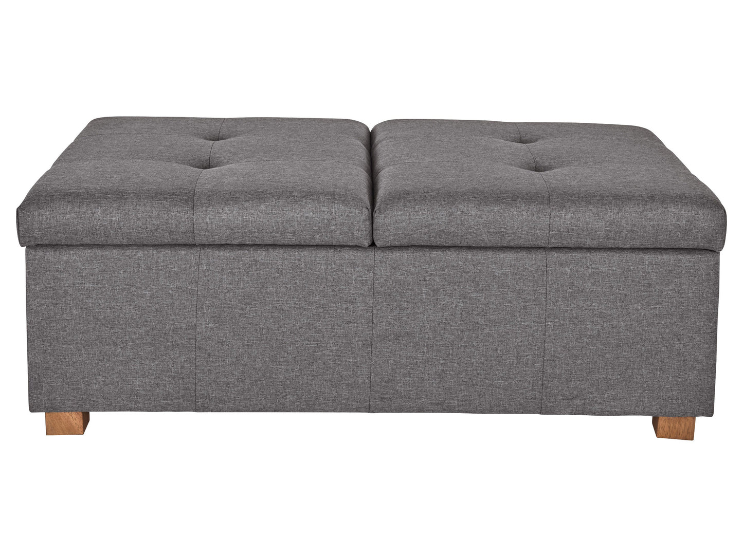 Silver brown double storage ottoman with tufted fabric, wooden legs, and spacious interior storage.