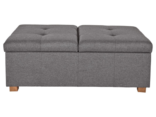 Silver brown double storage ottoman with tufted fabric, wooden legs, and spacious interior storage.