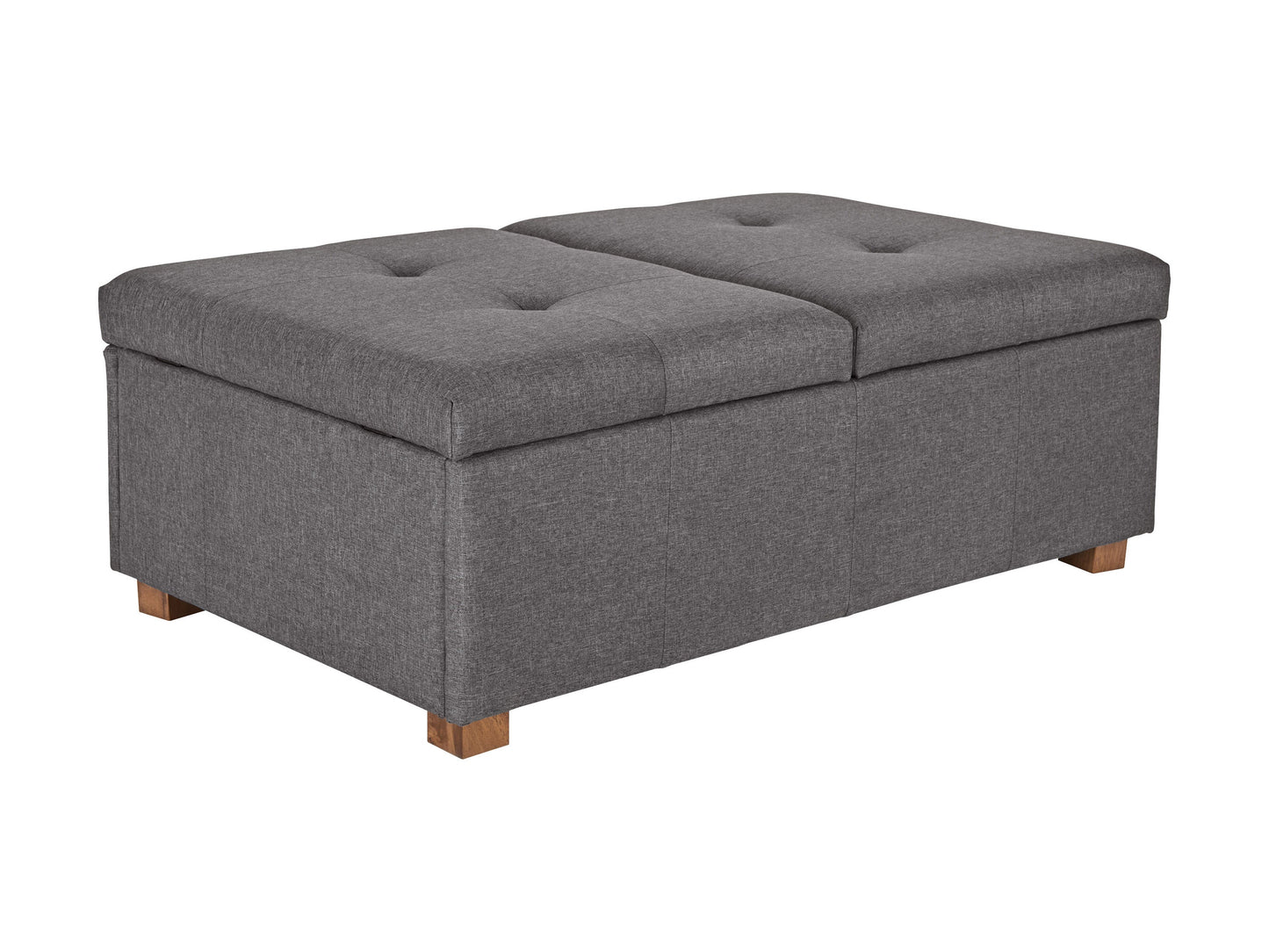 Double storage ottoman in silver brown fabric with tufted top, wooden legs, and spacious interior storage.