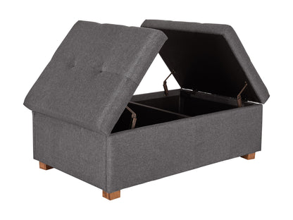 Silver brown double storage ottoman with tufted fabric, wooden legs, and spacious interior storage.