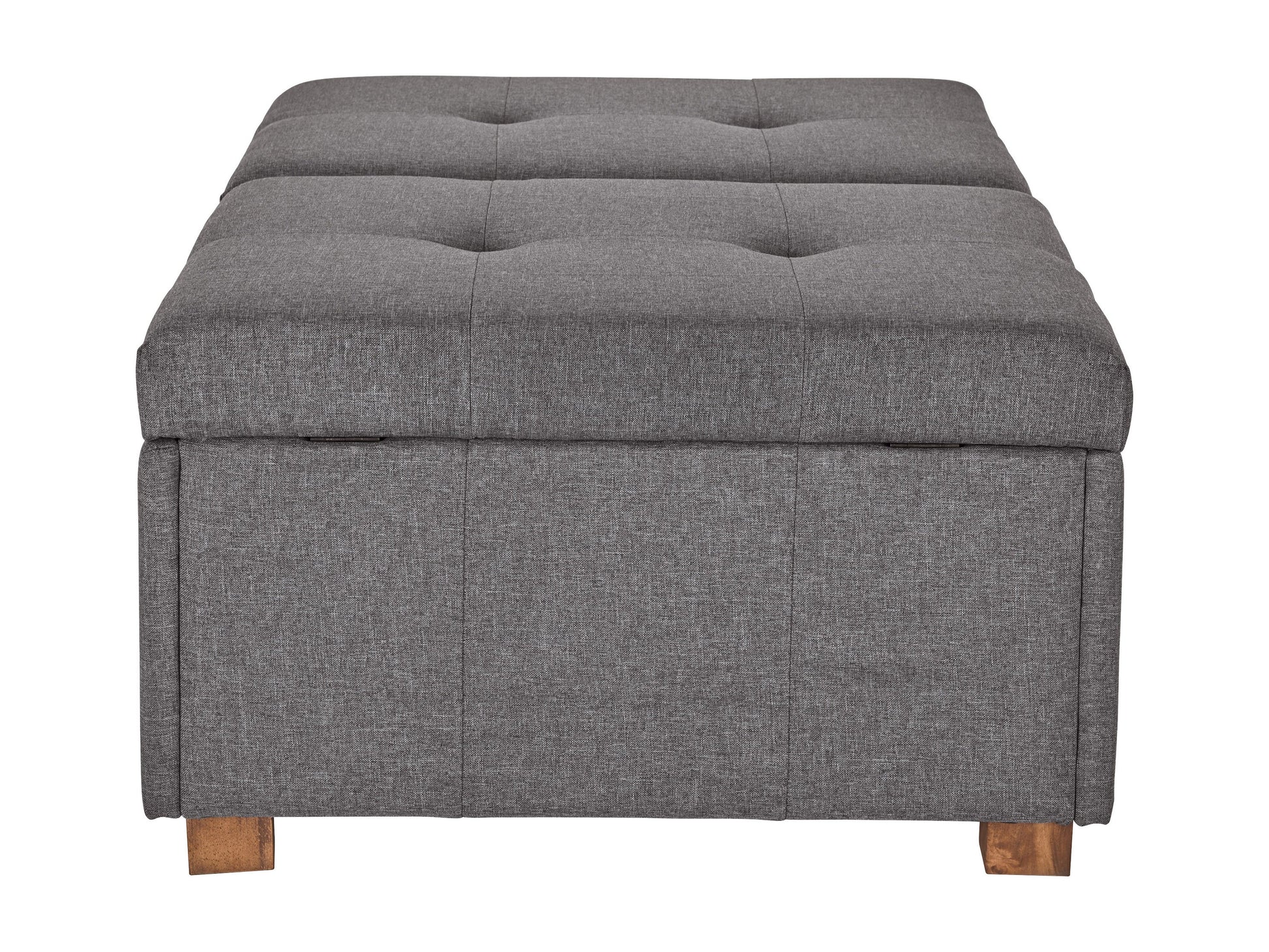 Silver brown double storage ottoman with tufted top, fabric upholstery, and wooden legs.