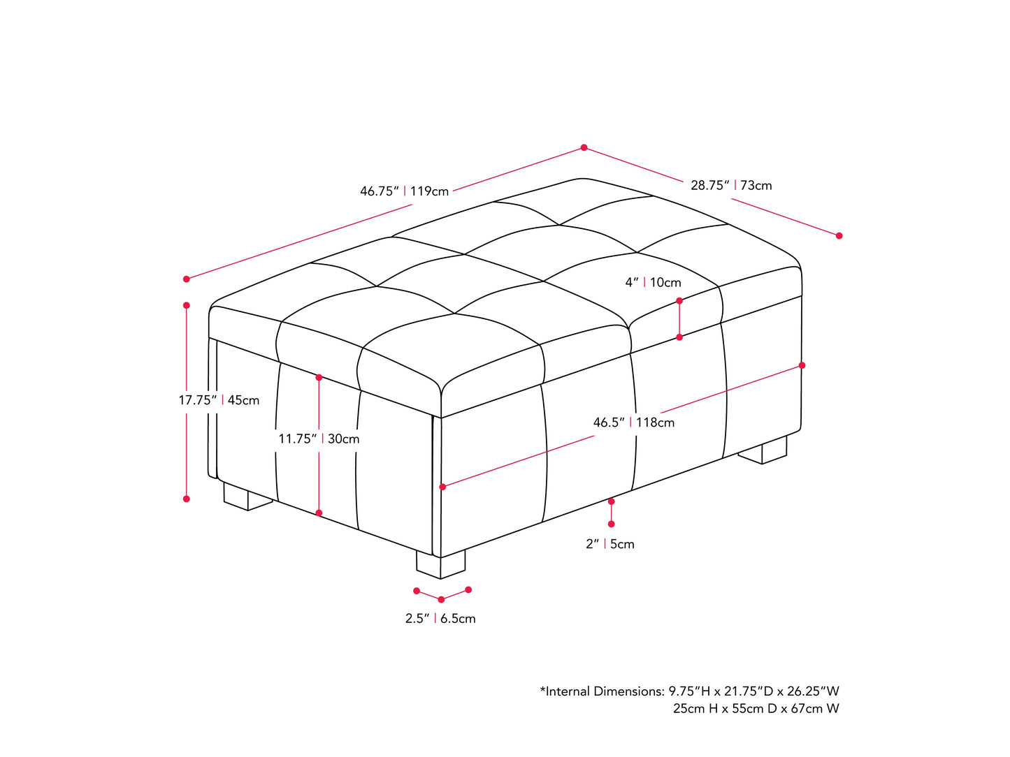 Grey double storage ottoman with cushioned top, wooden legs, and sleek minimalist design.