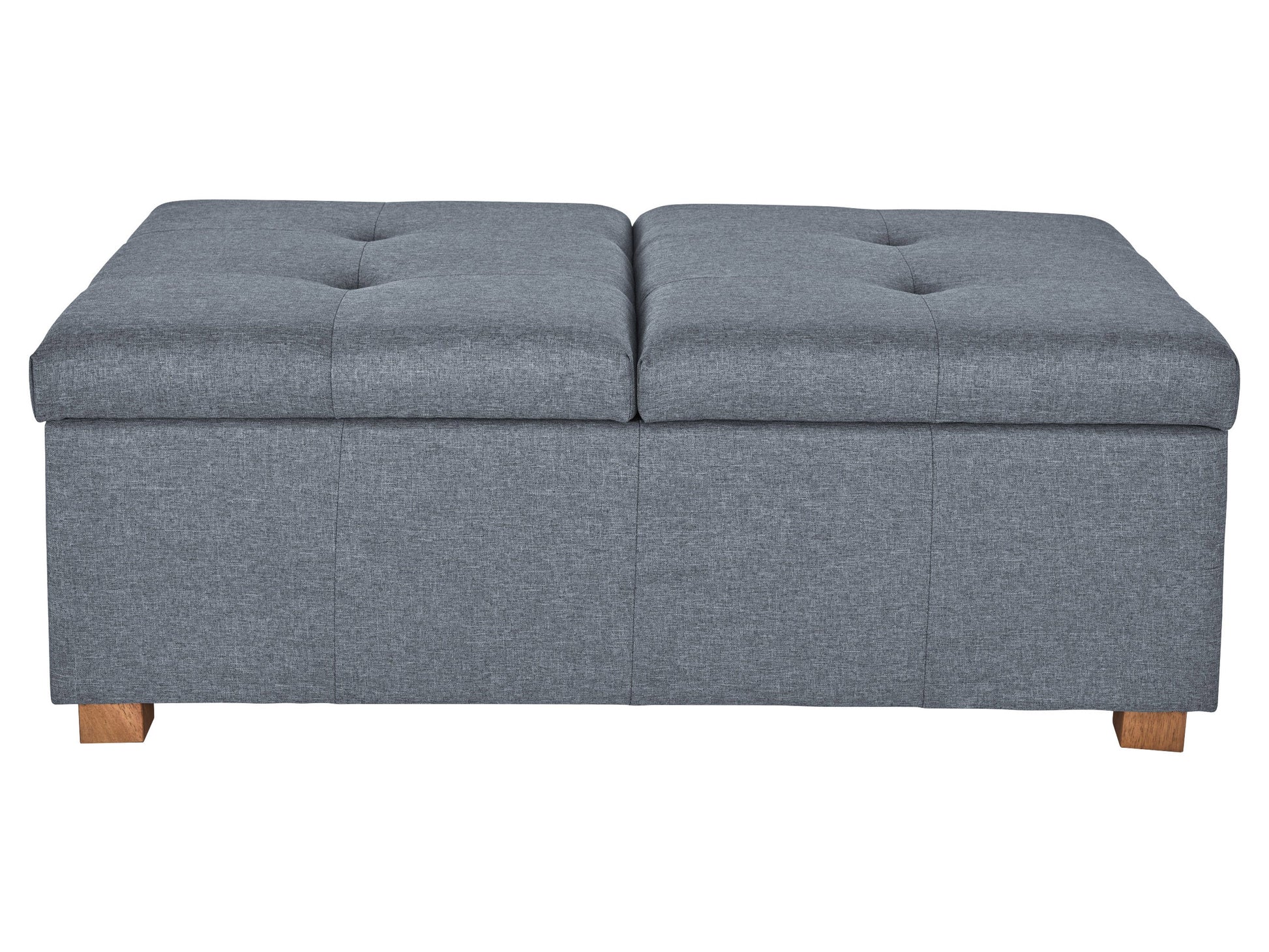 Grey double storage ottoman with tufted top, wooden legs, and minimalist design.