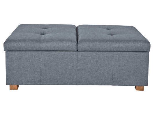 Grey double storage ottoman with tufted top, wooden legs, and minimalist design.