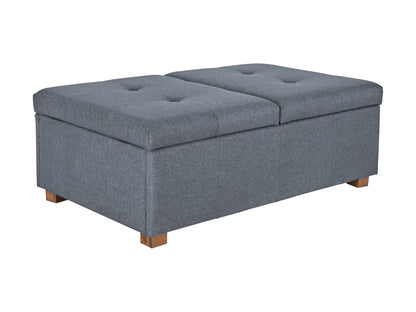 Grey double storage ottoman with tufted fabric, wooden legs, and spacious interior storage.