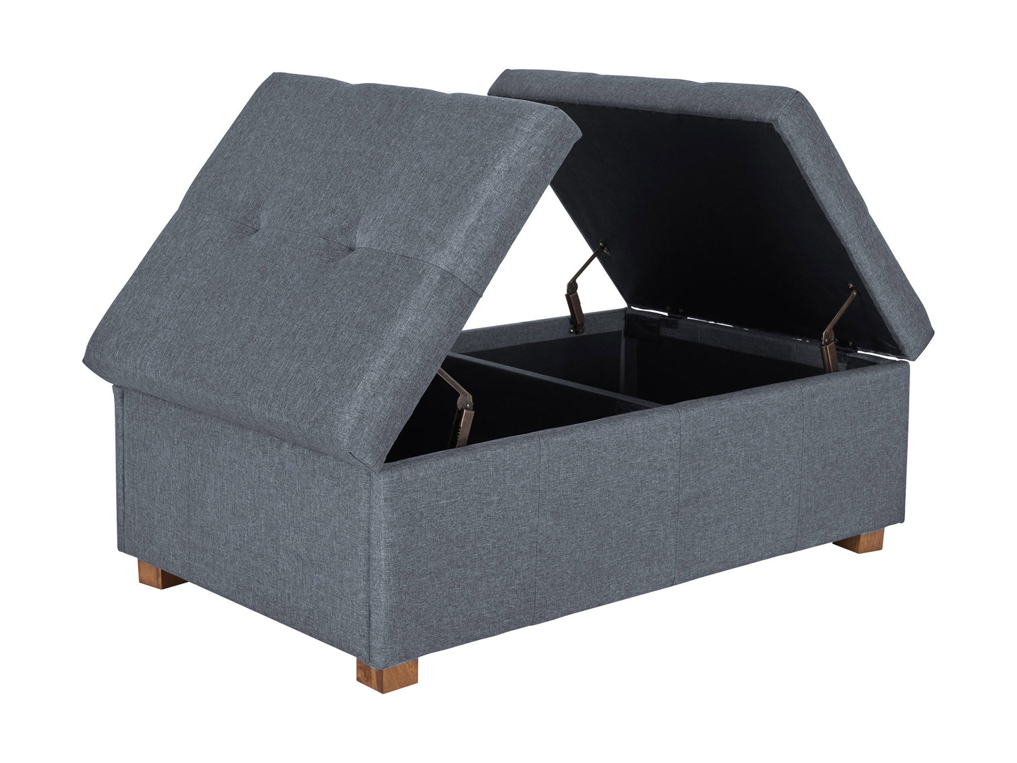 Grey double storage ottoman with tufted fabric, wooden legs, and spacious interior storage.