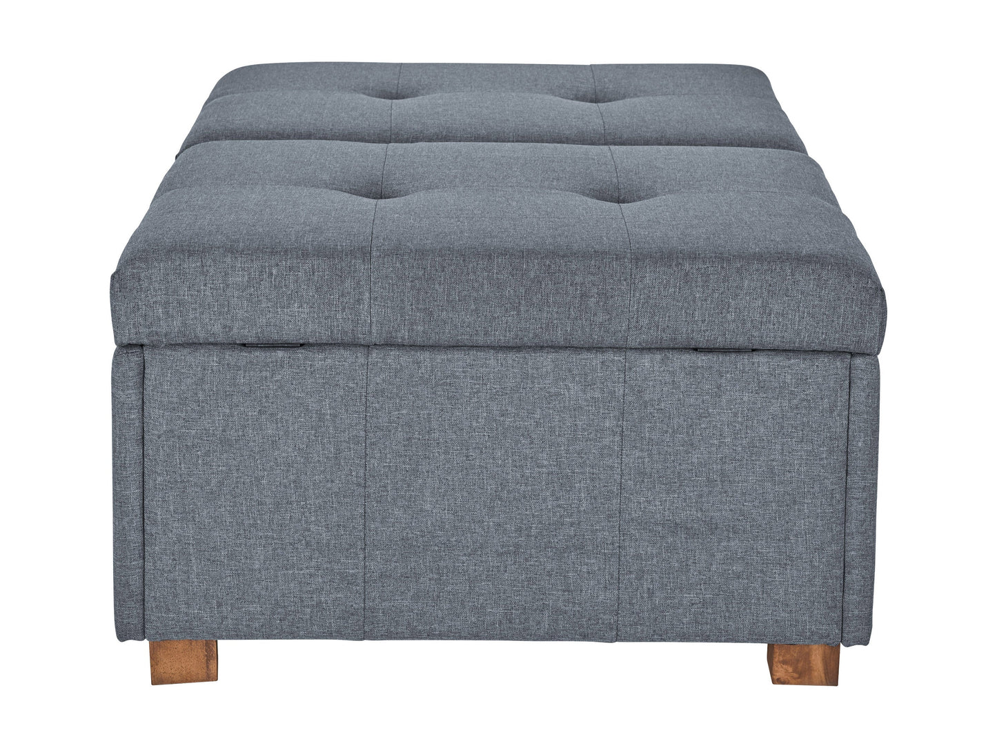 Grey double storage ottoman with tufted fabric, wooden legs, and spacious interior storage.