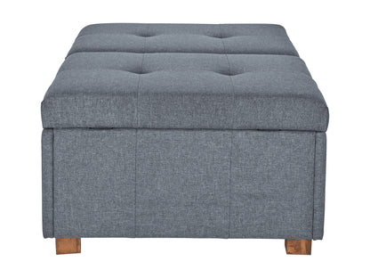 Grey double storage ottoman with tufted fabric, wooden legs, and spacious interior storage.