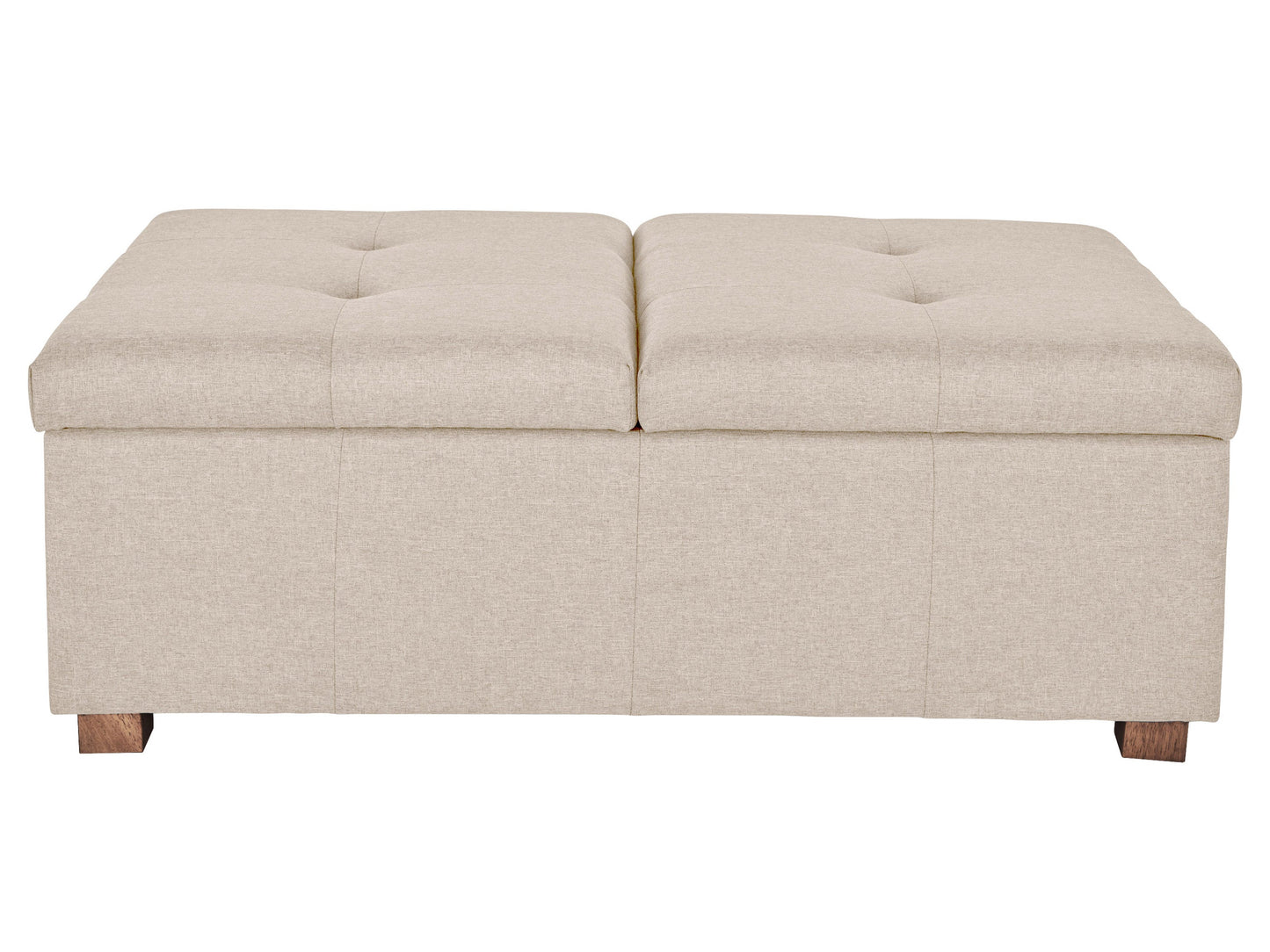 Beige double storage ottoman with tufted top, wooden legs, and versatile design for living room or bedroom.