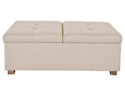 Beige double storage ottoman with tufted top, wooden legs, and versatile design for living room or bedroom.