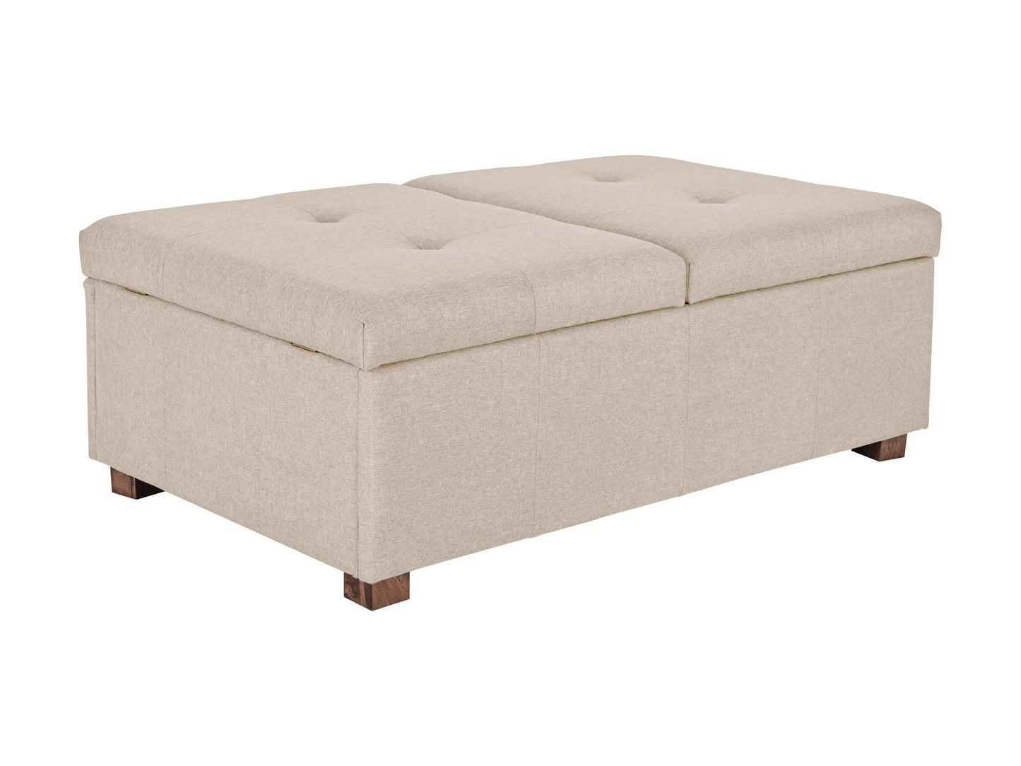 Beige double storage ottoman with tufted fabric, wooden legs, and spacious interior.