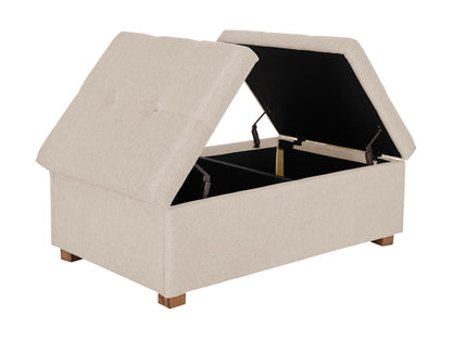 Beige double storage ottoman with fabric upholstery and wooden legs.