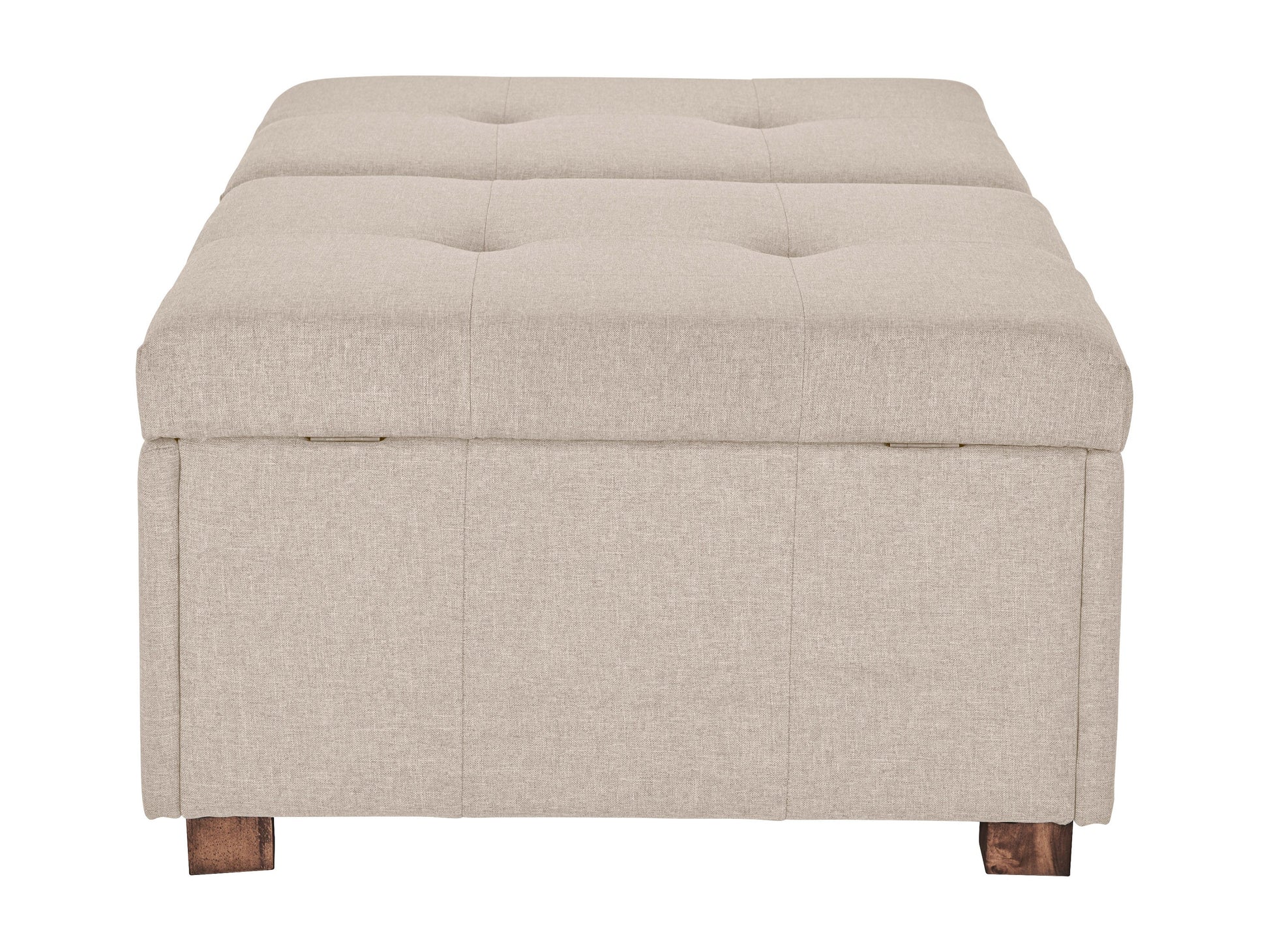 Beige double storage ottoman with tufted fabric, wooden legs, and minimalist design.