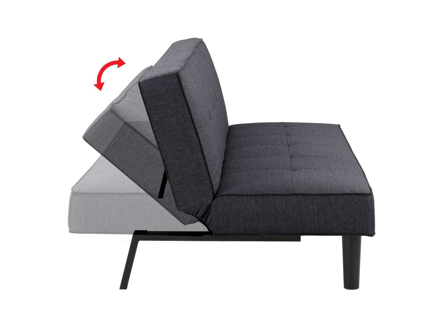 Gray futon sofa bed with tufted backrest, metal legs, and soft fabric upholstery, ideal for modern living rooms or guest spaces.