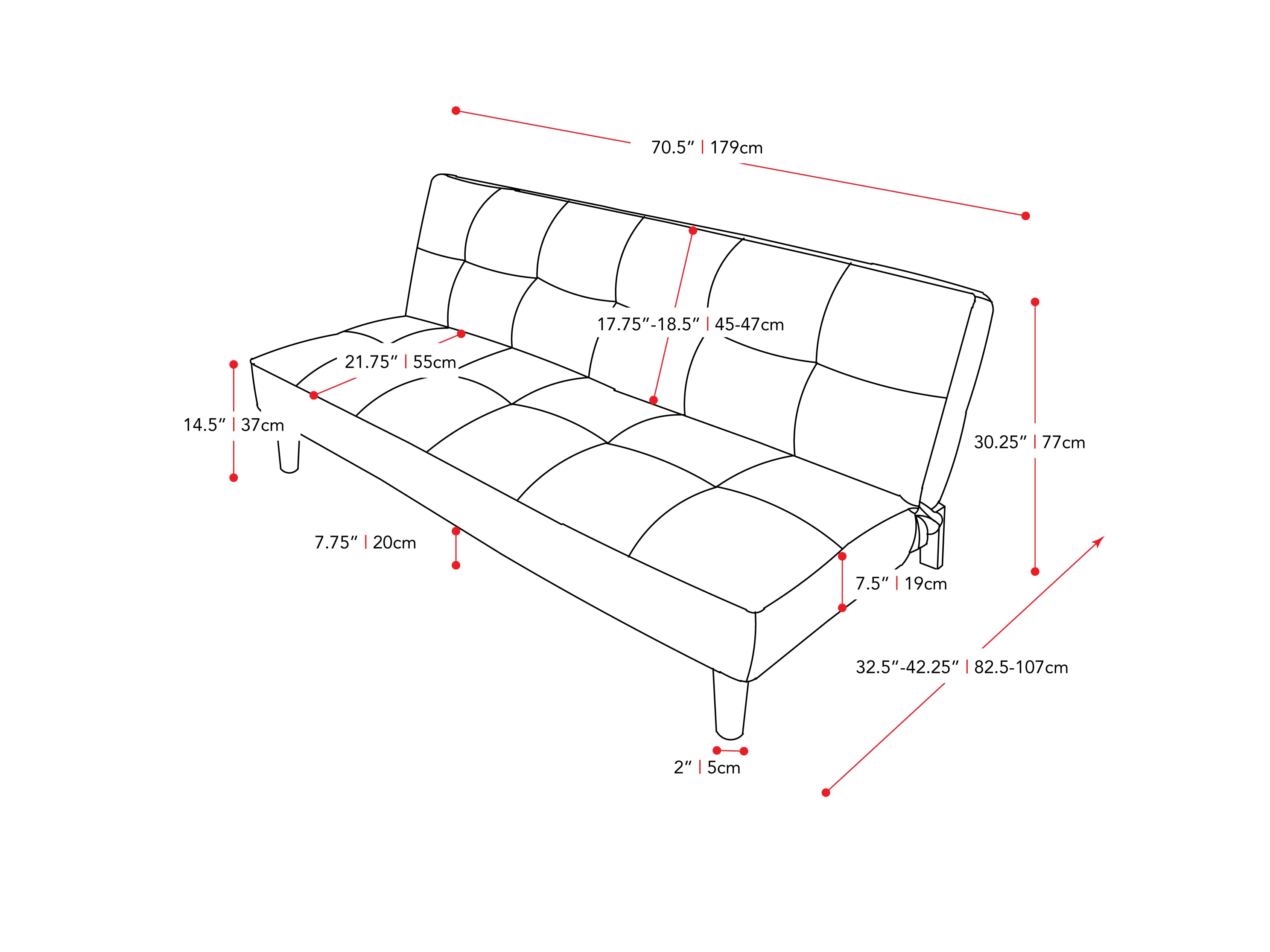 Beige futon sofa bed with tufted cushions, wooden legs, and a convertible design for modern living spaces.